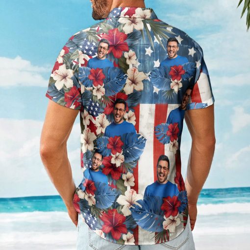 American Flag Tropical Independence Day Vintage Aloha - Custom Photo Hawaiian Shirts - Image 2