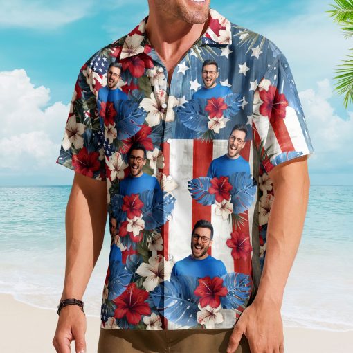 American Flag Tropical Independence Day Vintage Aloha - Custom Photo Hawaiian Shirts - Image 4