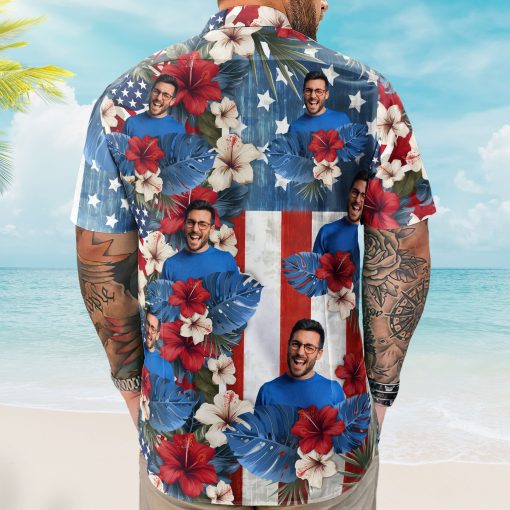 American Flag Tropical Independence Day Vintage Aloha - Custom Photo Hawaiian Shirts - Image 5