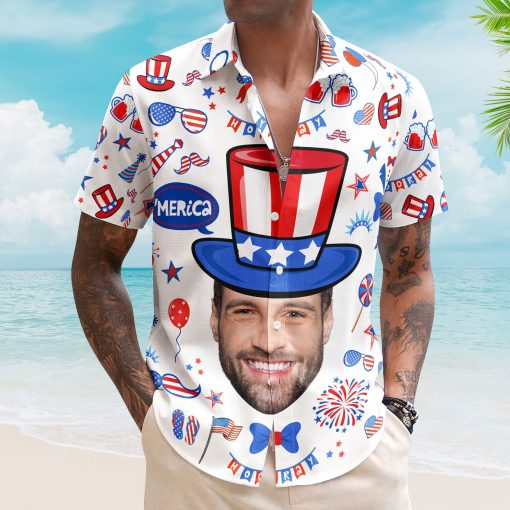 Custom Face Funny Happy 4th Of July - Personalized Photo Hawaiian Shirt - Image 2