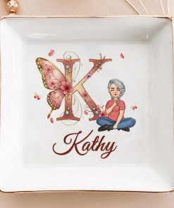 Floral Butterfly Monogram Letter - Personalized Jewelry Dish