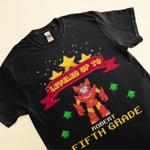 Leveled Up To School - Personalized Shirt - Back To School Gift For Boy, Son, Grandson, School - Pixel Hero - Image 2